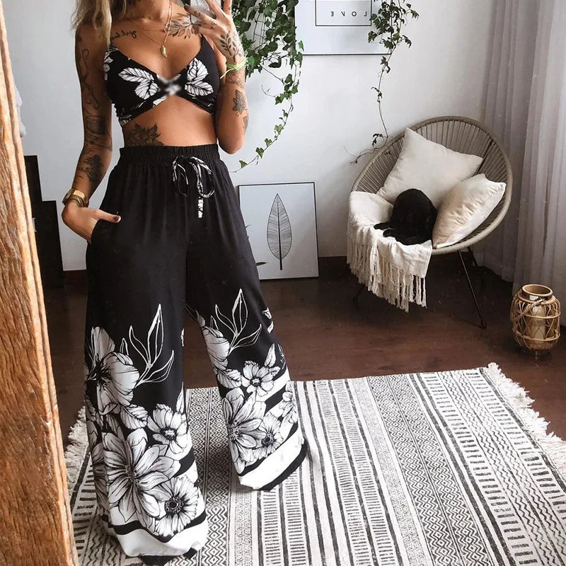 Sexy Two Piece Set Women Outfit 2026 Summer Butterfly Print V-Neck Cropped Top High Waist Drawstring Casual Wide Leg Pants Sets