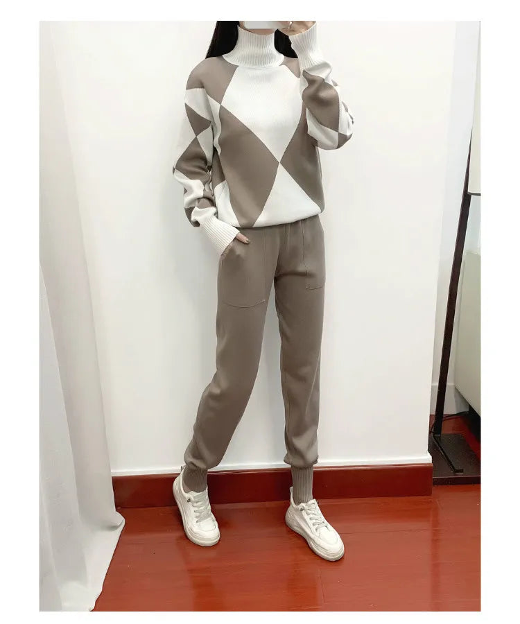 Women's Fashion Knitted Checkered Turtleneck Sweater 2 Piece Autum Winter Casual Lace Up Pocket Knitted Pants Sports Female Suit