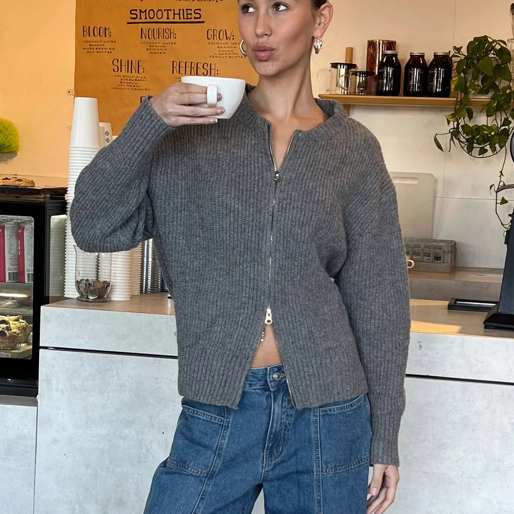Women's Zip Up Knit Sweater Casual Long Sleeve Mock Neck Open Front Cardigan Winter Fall Outwear Coat Fashion Streetwear