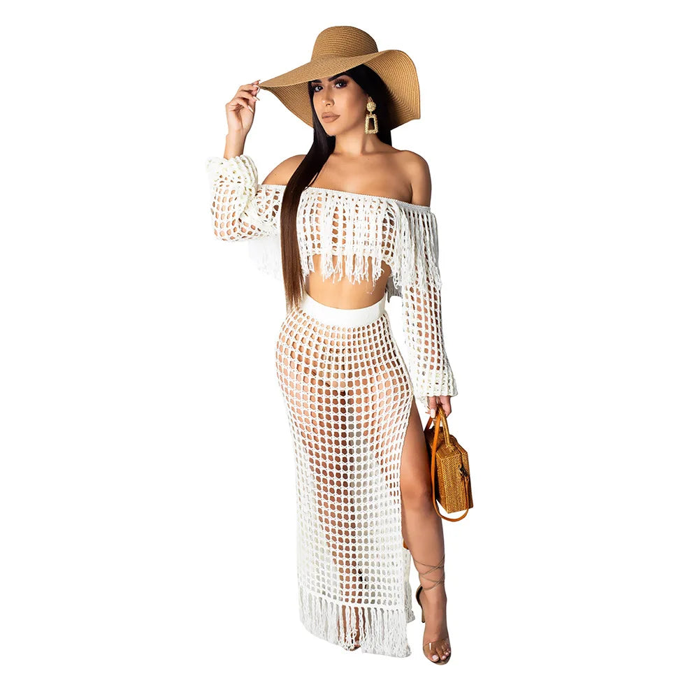Skirt 2 Piece Set Women Beach Long Skirts Suit Top Off Shoulder Tassels Sexy Hollow Out Ensemble 2026 Summer Female Outfits