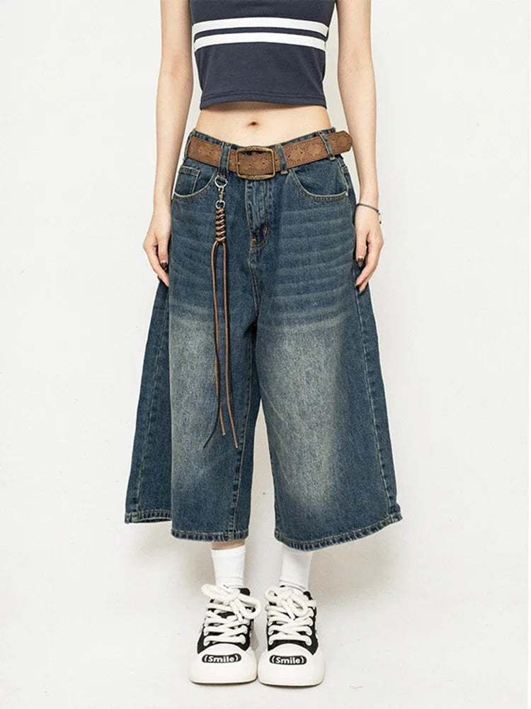 Black Baggy Denim Shorts Women Y2k Vintage Wide Leg Jorts Washed High Waist Streetwear Casual Fashion Loose Trousers