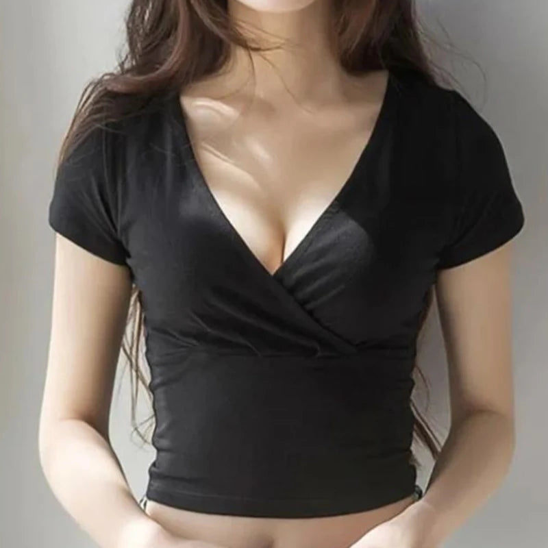 Summer Solid V Neck T Shirts Women Short Sleeve Short Tops Crop Tops Ladies Y2K Tops Tees Female Shirts White Pink