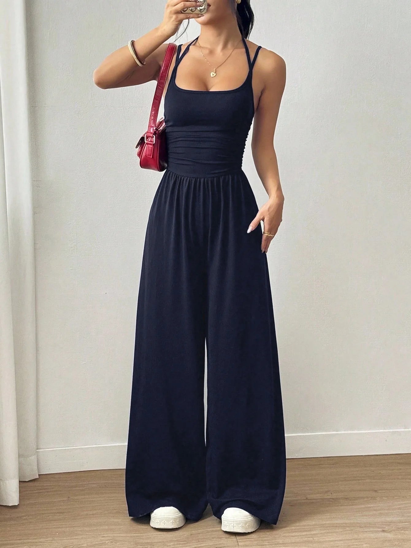 Women Halter Spaghetti Strap Jumpsuits Summer Casual Elastic High Waist Backless Wide Leg Long Pants Romper Club Party Overalls