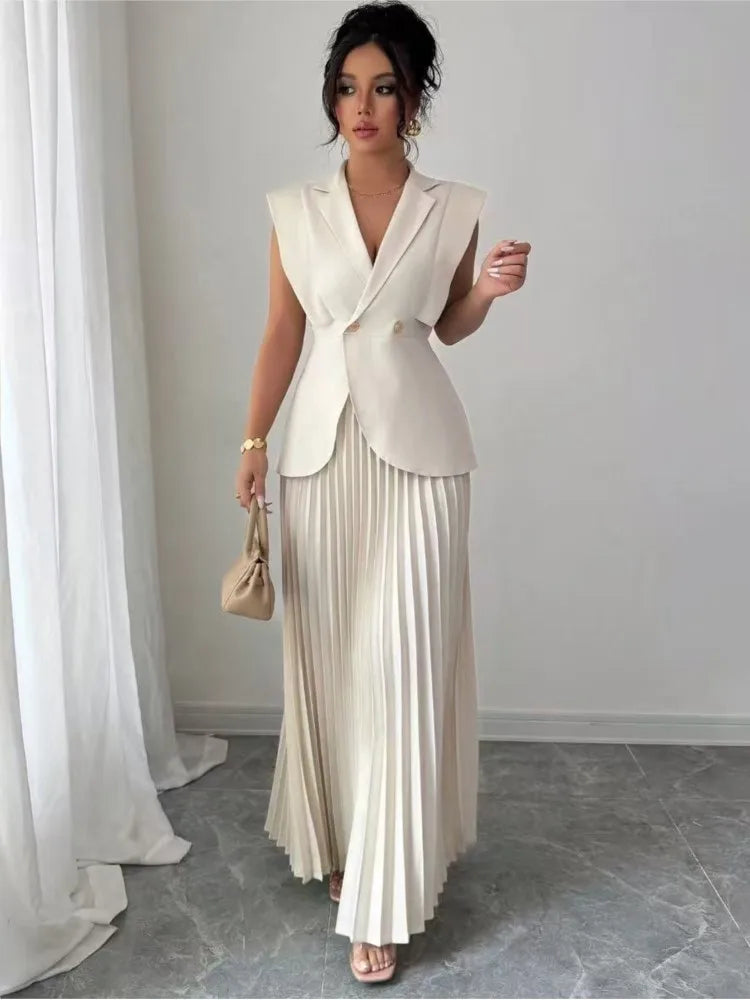 Elegant Women Solid Skirt Two Piece Sets Summer Fashion V-neck Vest Top + Pleated Skirts Temperament Simple Office Lady 2pcs Set