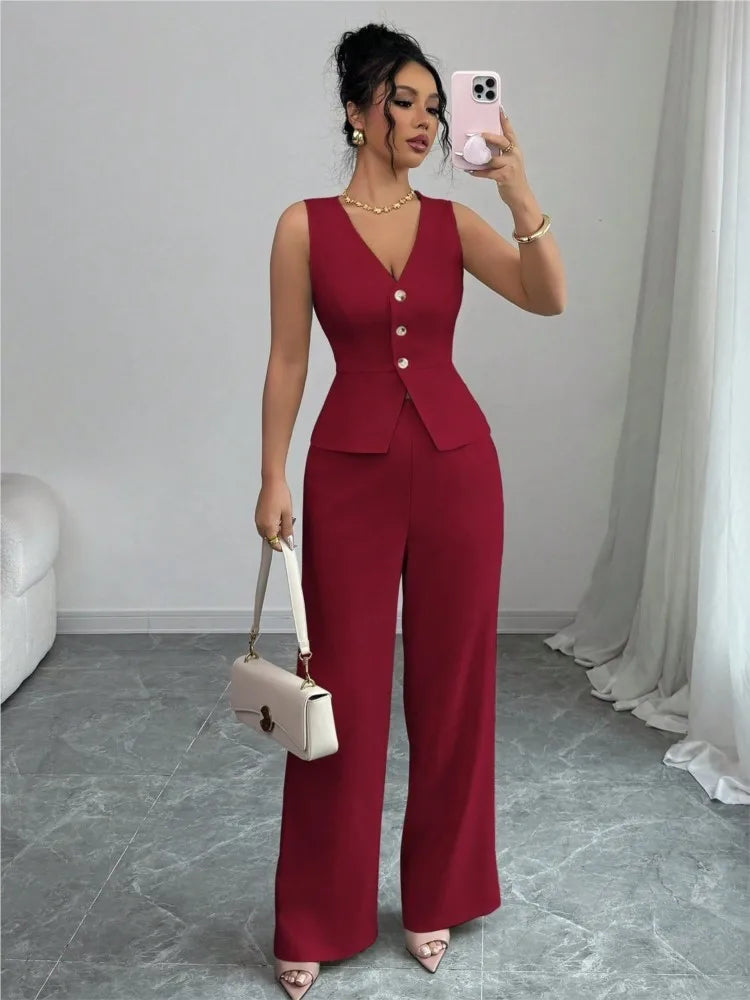 Summer New Solid Color Two Piece Sets Women V-neck Sleeveless Slim Single-breasted Vest Top + Wide-leg Trousers 2-piece Set