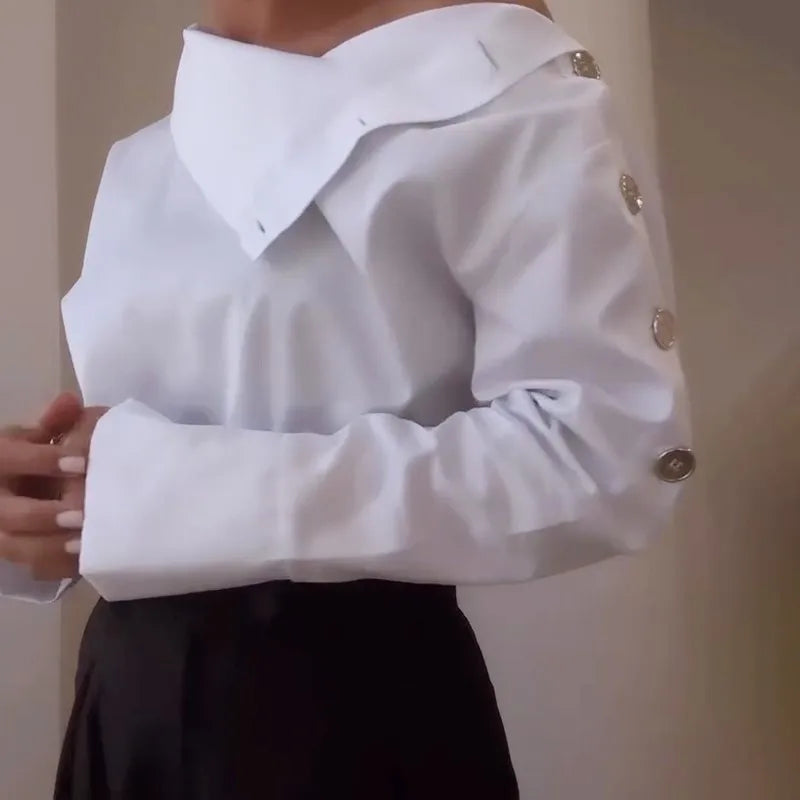 Fashionable And Elegant Women's Pullover Shirt Casual Office Turtleneck Metal Button Slim Body 2025 Spring And Autumn New Style