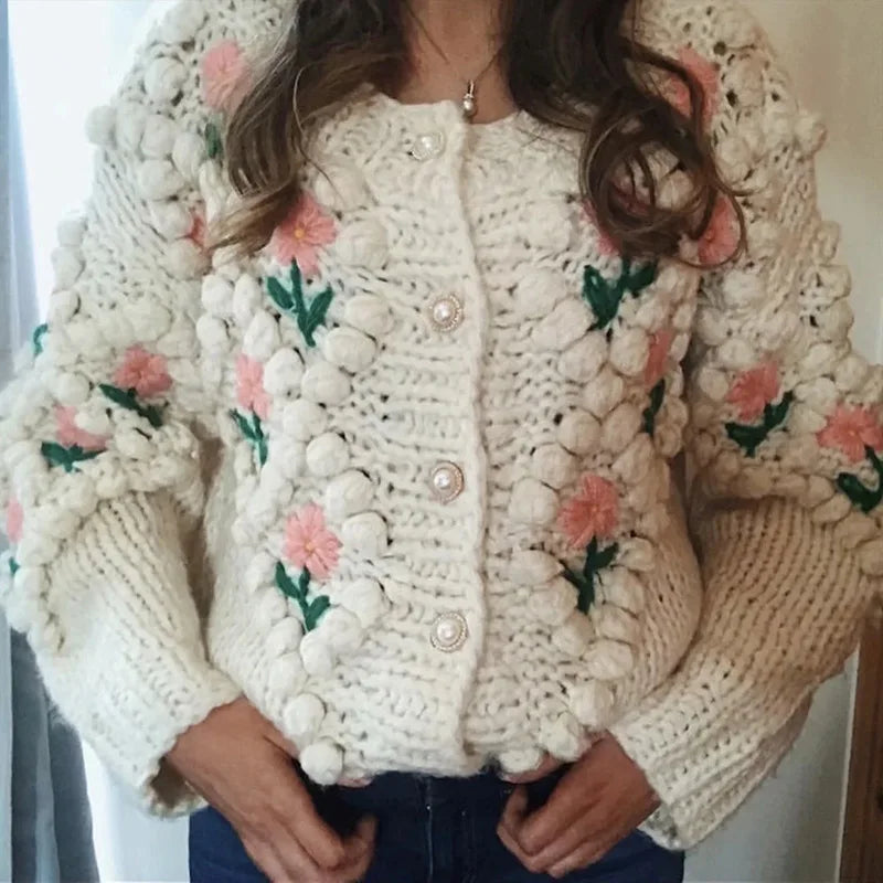 Handmade Embroidery Flower Knitted Coat Women Temperament Elegant Pearl Single-breasted Knitwear Sweater Cardigan Coats Female