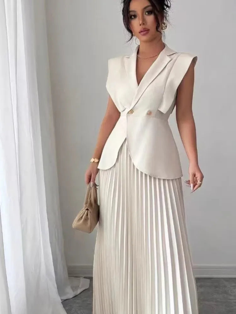 Elegant Women Solid Skirt Two Piece Sets Summer Fashion V-neck Vest Top + Pleated Skirts Temperament Simple Office Lady 2pcs Set