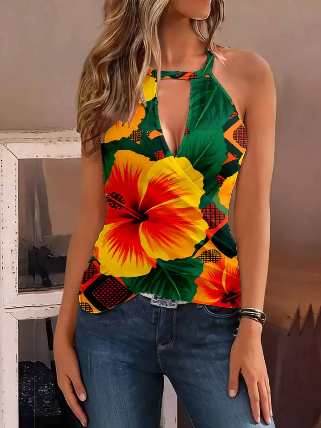 Fashionable Printed V-Neck Camisole Vest Sleeveless Top with Cinched Waist Neck Hanging Design Slimming Vacation Style