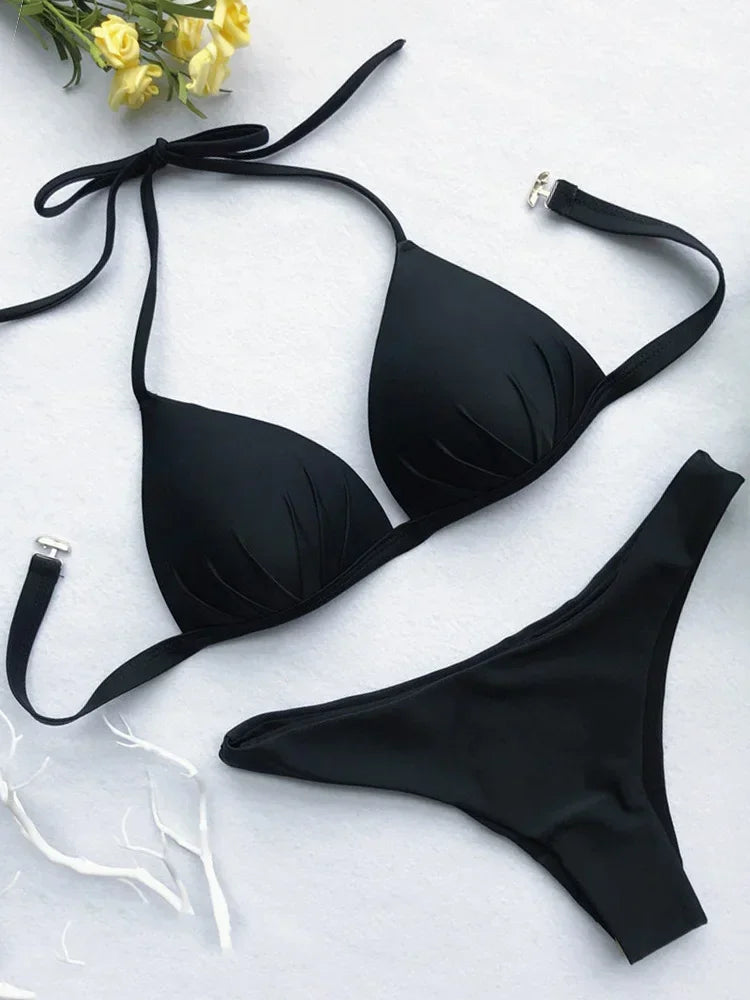 2026 Halter Bra Cup Bikini Sexy Swimsuit Female White Swimwear Women Push up Bikini set Brazilian Bathing Suit Bandeau Swim suit