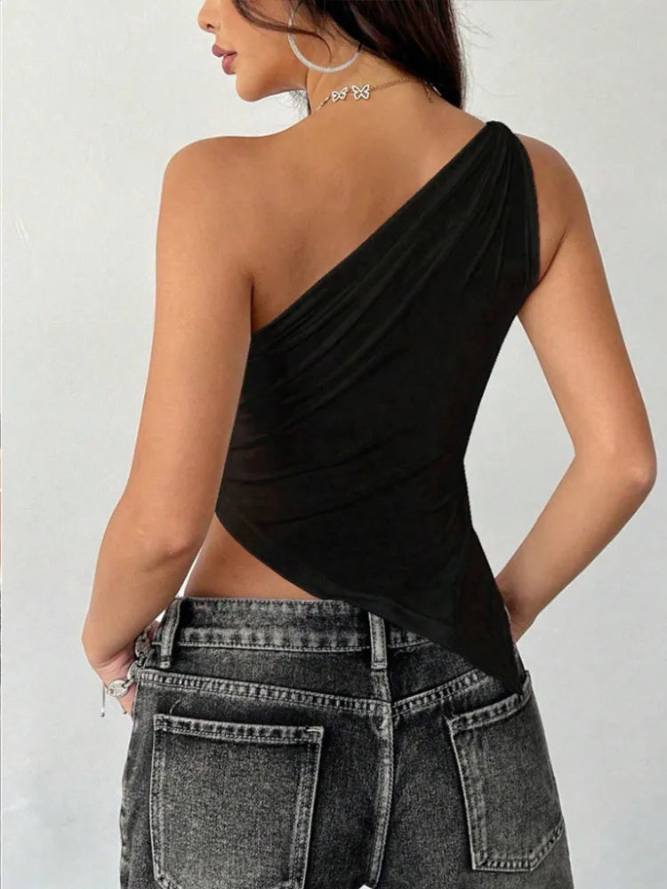 2026 New Fashionable Casual Women's T-Shirt Solid Color Single Shoulder Asymmetrical Slim Fit Top One-Piece Neck