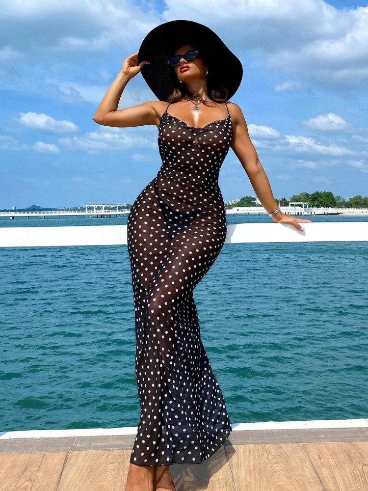 One Piece Swimsuit 2026 New Black Dot Sling Sexy Mesh Semi Transparent Casual Long Skirt Bodysuit Swimwear Summer Beach Female