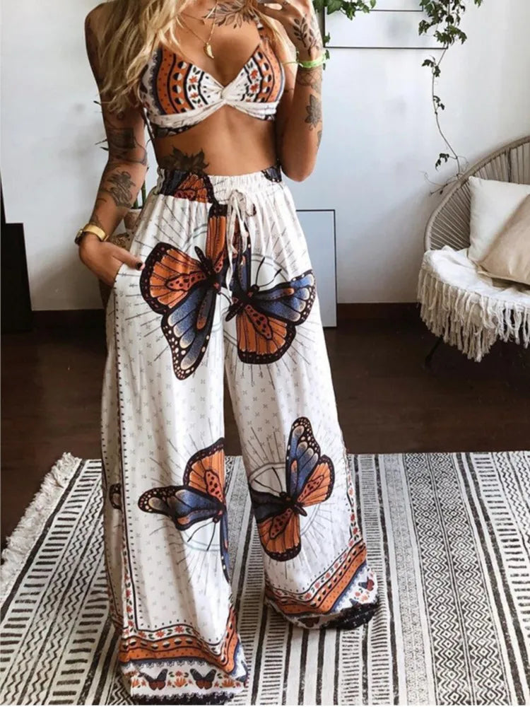 Sexy Two Piece Set Women Outfit 2026 Summer Butterfly Print V-Neck Cropped Top High Waist Drawstring Casual Wide Leg Pants Sets