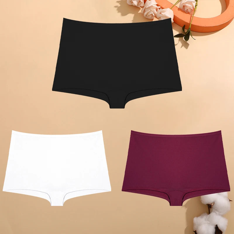 FINETOO 3PCS Women's Cotton Boyshort Panties Breathable Low Waist Solid Colors Underwear Female Casual Sports Boxers Underpants