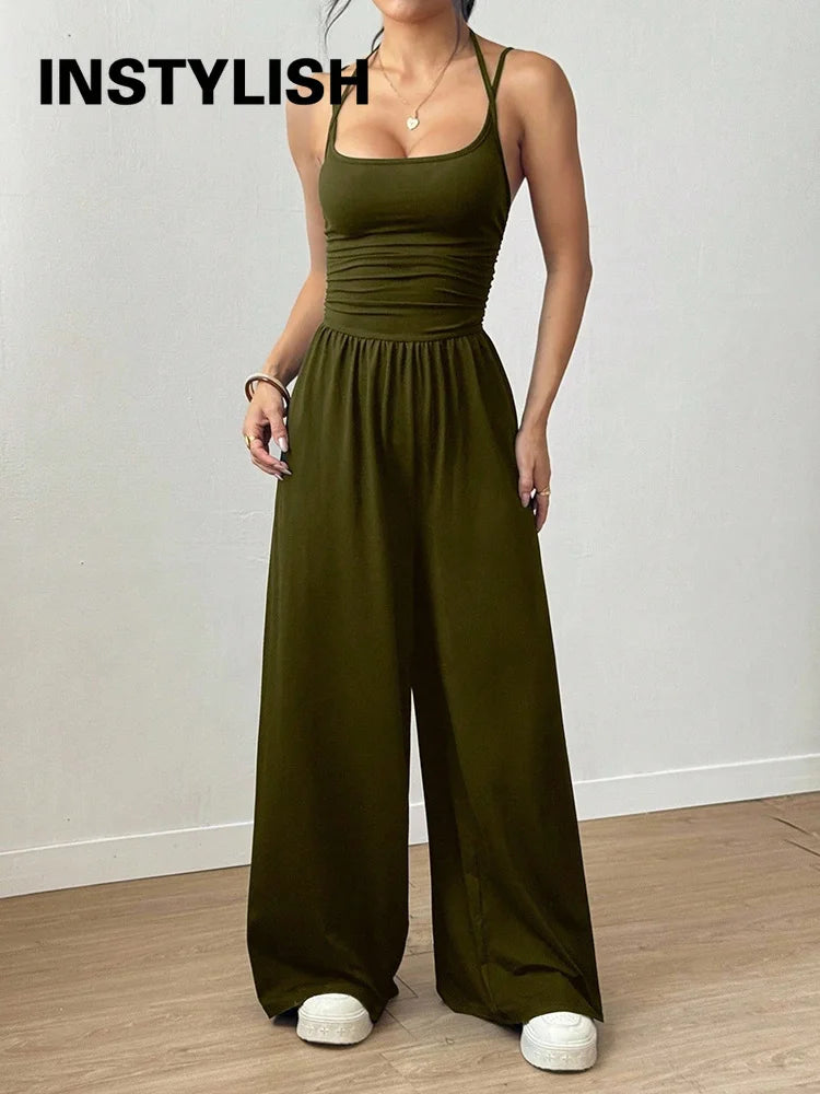Women Halter Spaghetti Strap Jumpsuits Summer Casual Elastic High Waist Backless Wide Leg Long Pants Romper Club Party Overalls