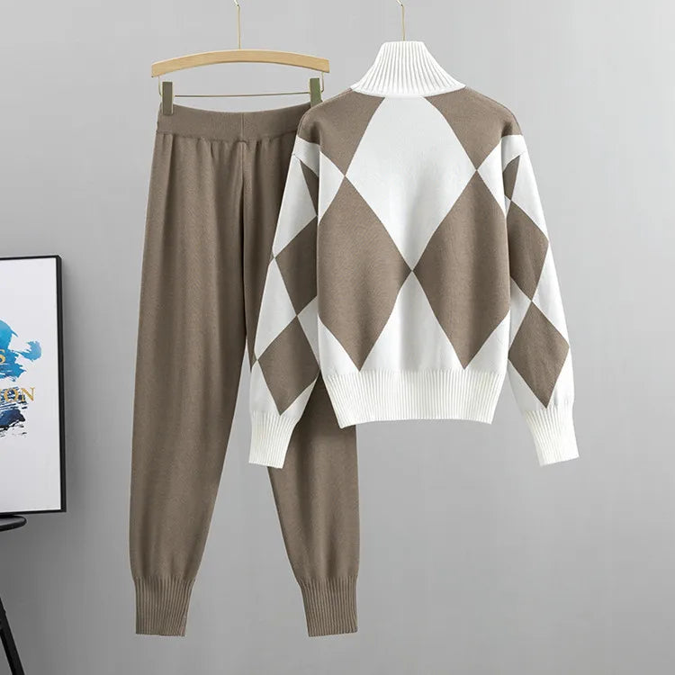 Women's Fashion Knitted Checkered Turtleneck Sweater 2 Piece Autum Winter Casual Lace Up Pocket Knitted Pants Sports Female Suit