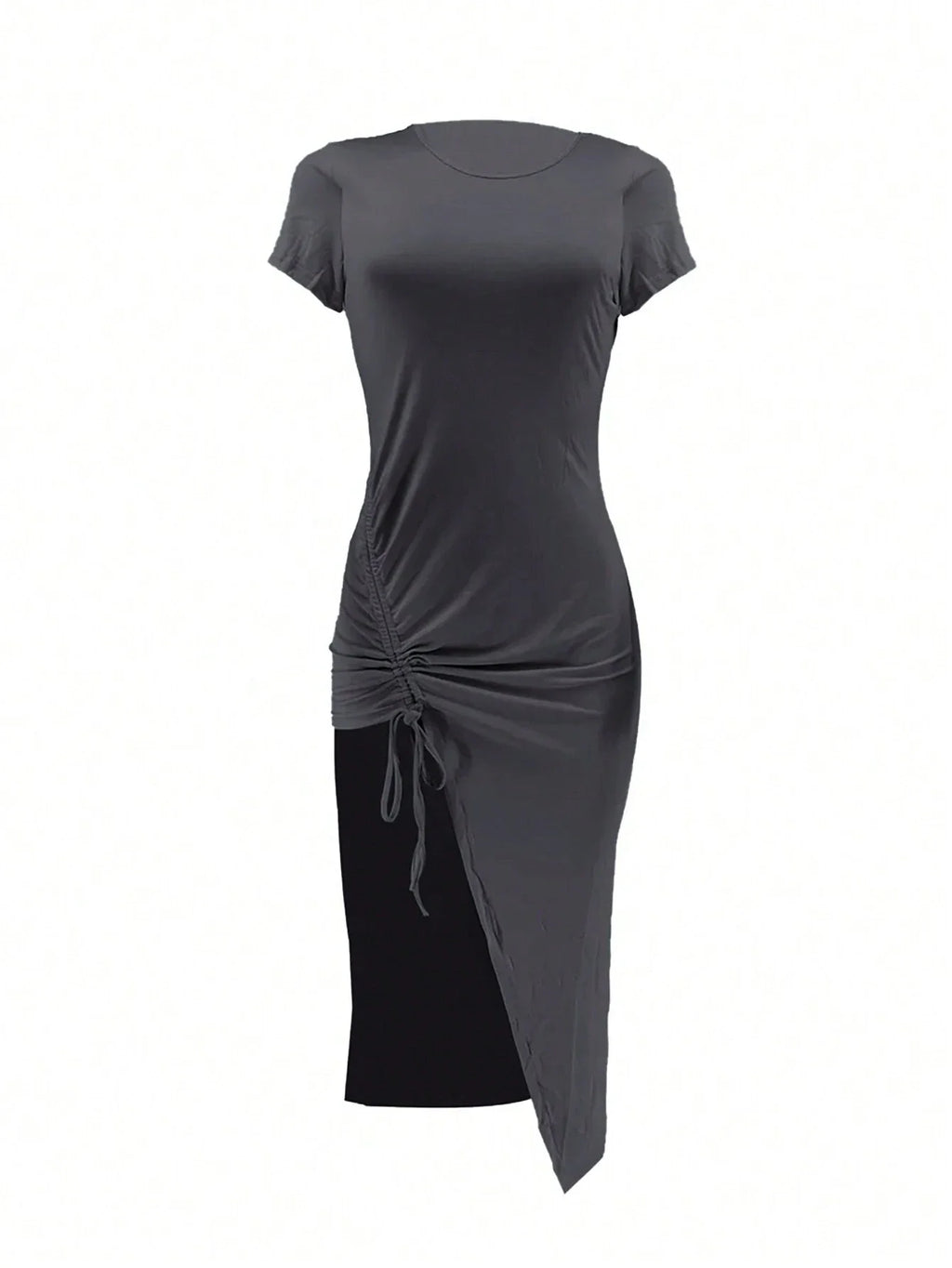 Women's Plain Ruched Drawstring Split Thigh Bodycon Dress, Asymmetrical Round Neck Shortsleeve Dress, Ladies Dress