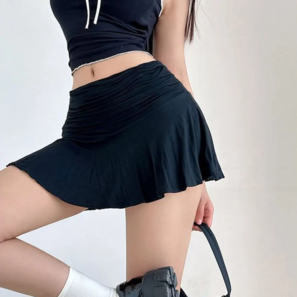 Sweet Pleated Super Mini Skirt Fashion Versatile Black Low-Waisted Skirts Tennis Dance Fitness Short Skirts Women Summer Skirts