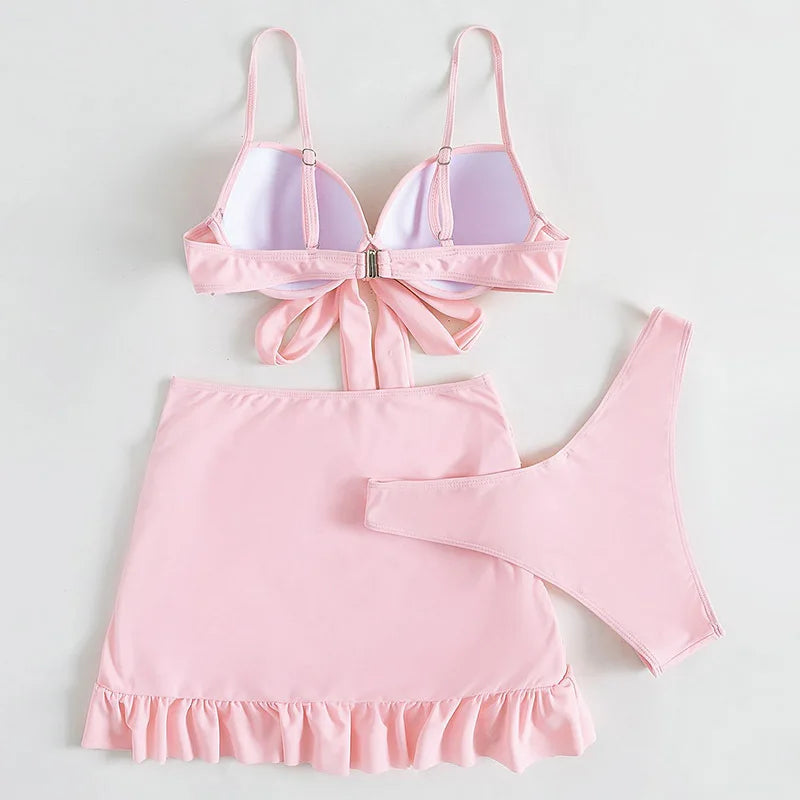 Cikini-Solid Bikini Set, Knot Front Push Up Bra, High Cut Bottom, Ruched Beach Skirt, 3 Piece Bathing Suit