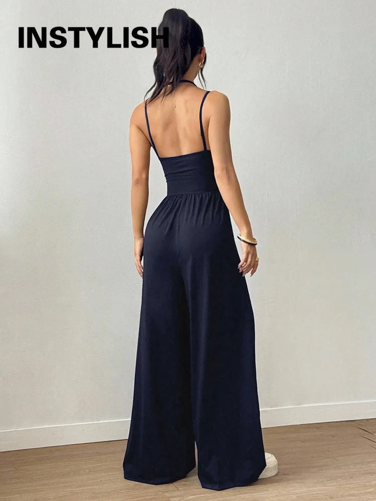 Women Halter Spaghetti Strap Jumpsuits Summer Casual Elastic High Waist Backless Wide Leg Long Pants Romper Club Party Overalls