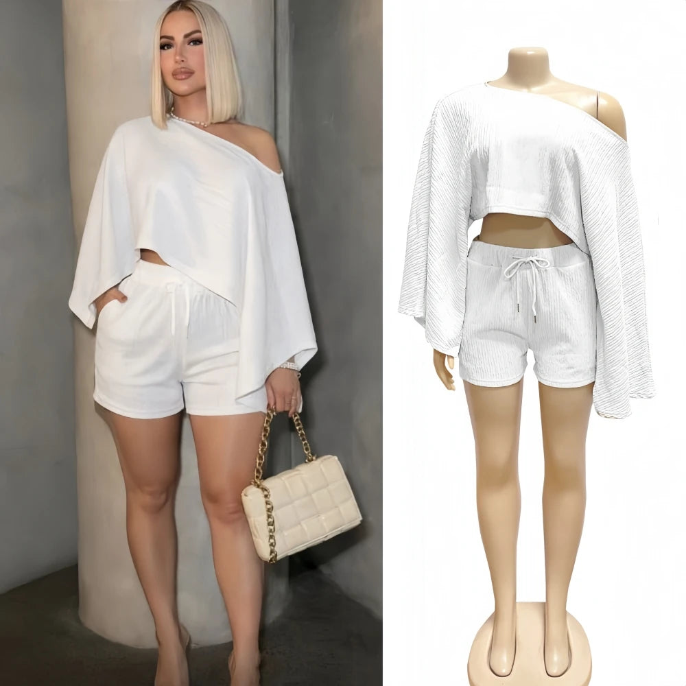 HLJ Elegant Off Showlder Two Piece Outfits Woman Summer One Shoulder Flared Sleeve Loose Crop Top and Skirt Suit Streetwear New