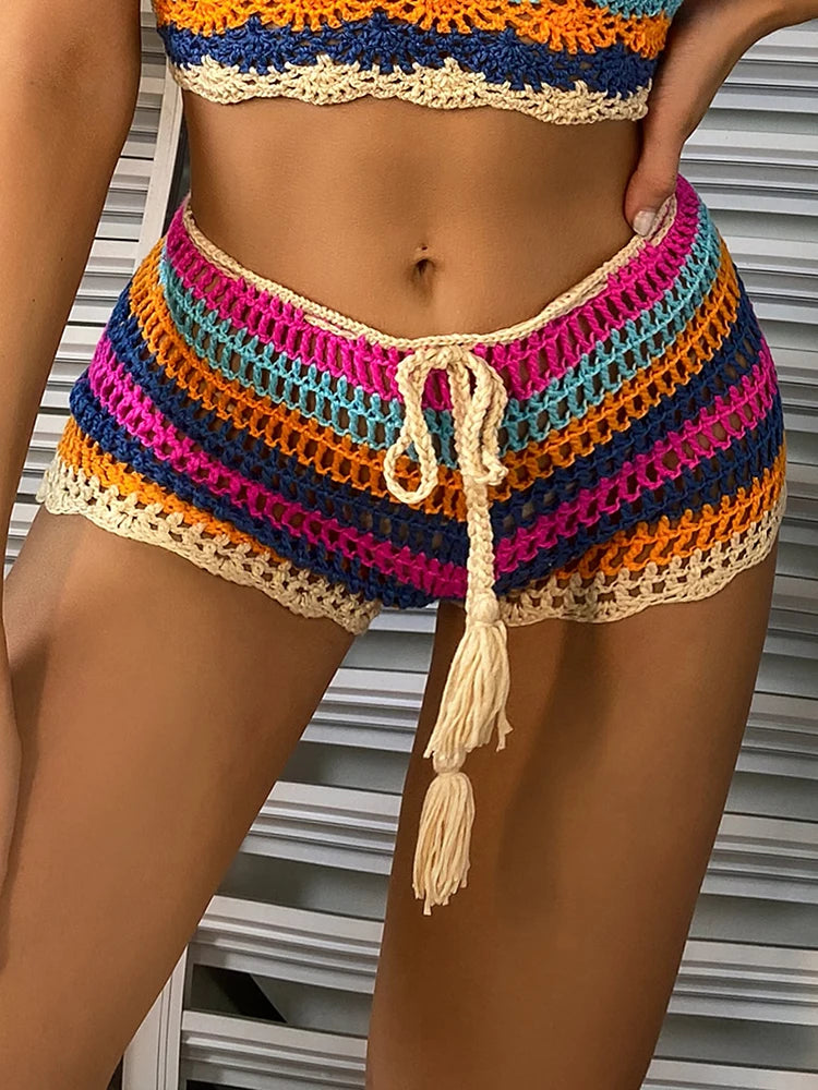 Crochet Multi Color Rainbow Striped Hollow Out Bikini Cover Ups Swim Shorts Drawstring Shorts Summer Holiday Bikini Bottoms