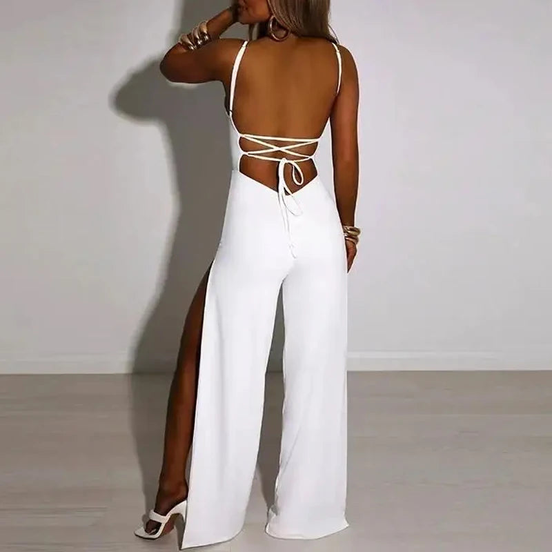 Sexy Backless Bandage Women Jumpsuit Fashion Sleeveless Elegant Split Bodysuit Women Casual Slim Fit Lady Playsuits New Solid