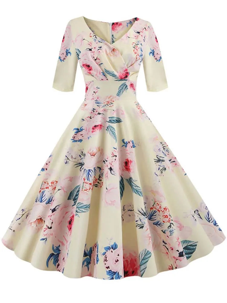 Women Summer Dress Casual Half Sleeve Elegant Vintage Office Party Floral Print Midi Sundress vestidos