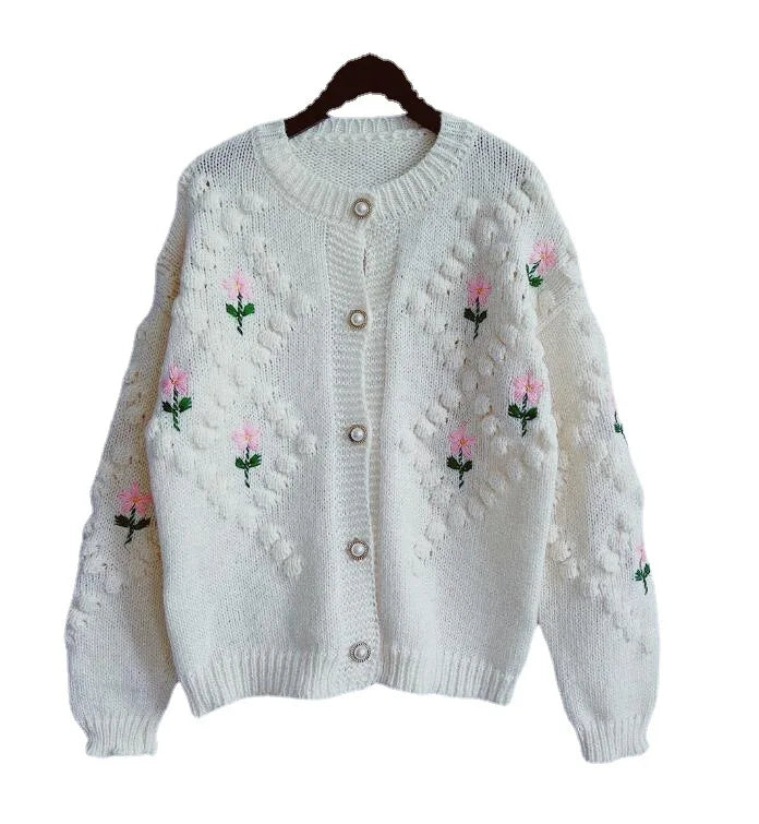 Handmade Embroidery Flower Knitted Coat Women Temperament Elegant Pearl Single-breasted Knitwear Sweater Cardigan Coats Female