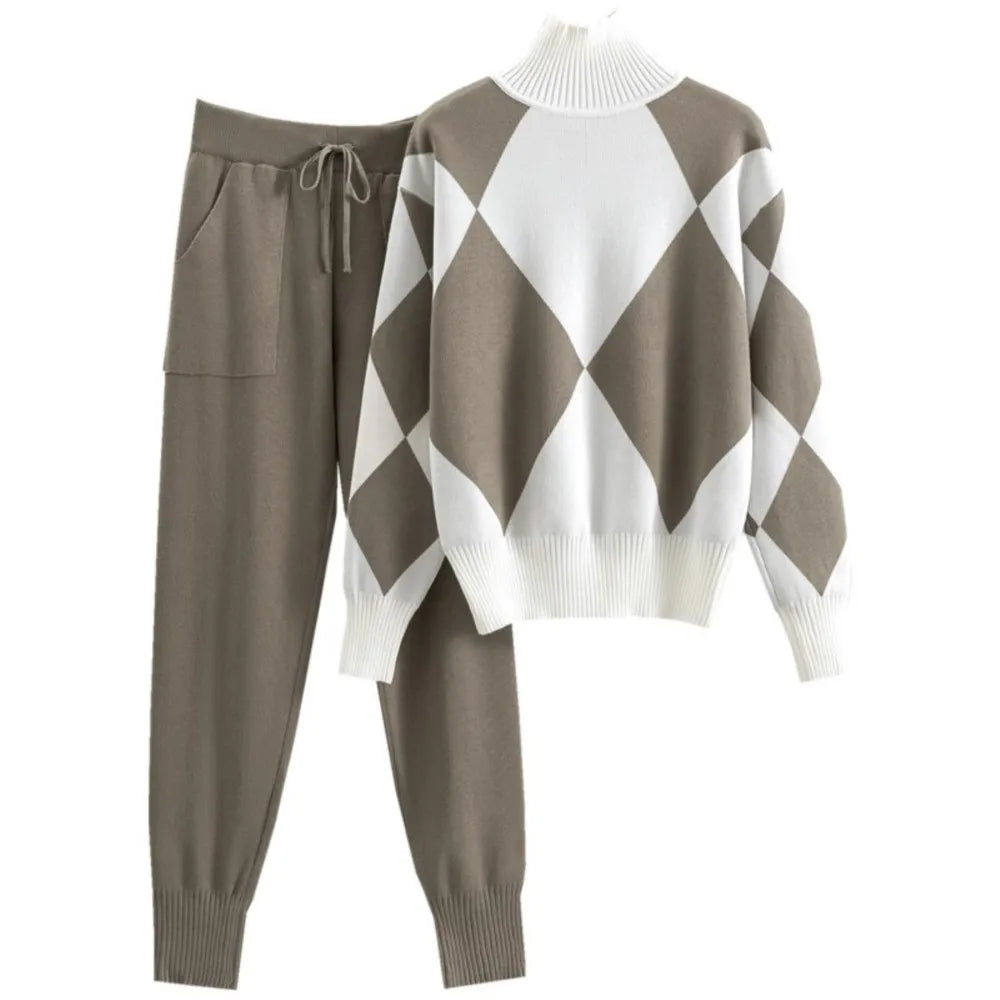 Women's Fashion Knitted Checkered Turtleneck Sweater 2 Piece Autum Winter Casual Lace Up Pocket Knitted Pants Sports Female Suit