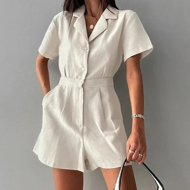 Khaki Linen Waist-cinching Wide-leg Jumpsuit for Women, Short-sleeved Commuting Jumpsuit, Autumn Women's Clothing