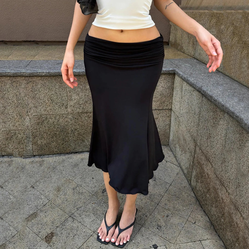 SUCHCUTE Basic Solid Folds Low-Waisted Midi Skirts Chic Black Slim Skirts  Lady Party Bottoms Summer All match Clothes Coquette