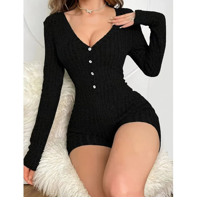 Women's Knitted Playsuit Autumn Fashion Solid Color Button Decoration Design Slim Fit Jumpsuit Ladies Sexy V-neck Chic Romper
