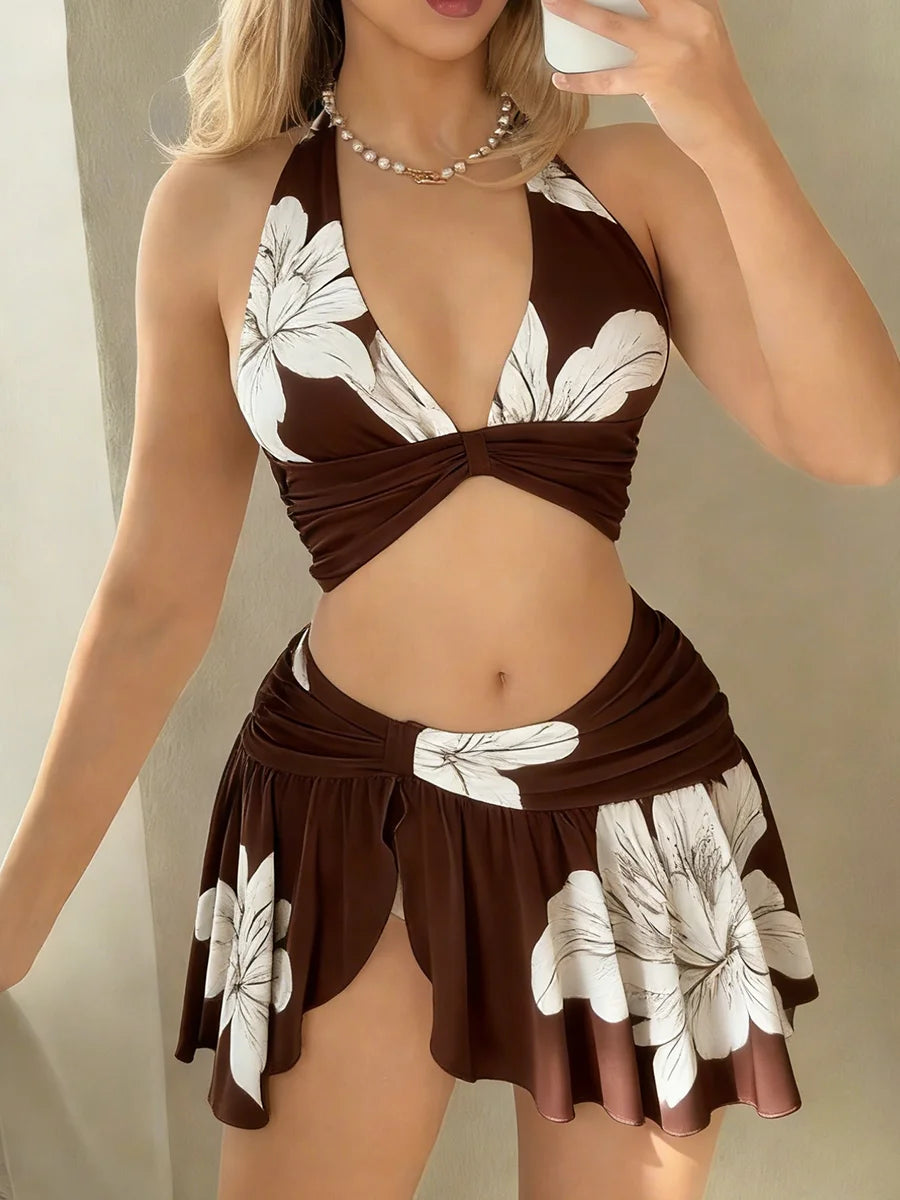 2026 Printed Floral Swimsuit Women Two Pieces Beach Skirt Halter Swimwear Female Bathers Bathing Swimming Swim Suit Beachwear XL
