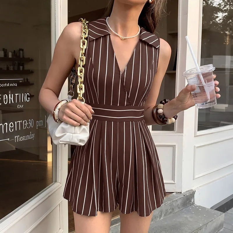 2026 Summer Women Striped Sleeveless V Neck Jumpsuits Elegant Mature Style Casual Short Jumpsuit Ladies One Piece Shorts Outfit