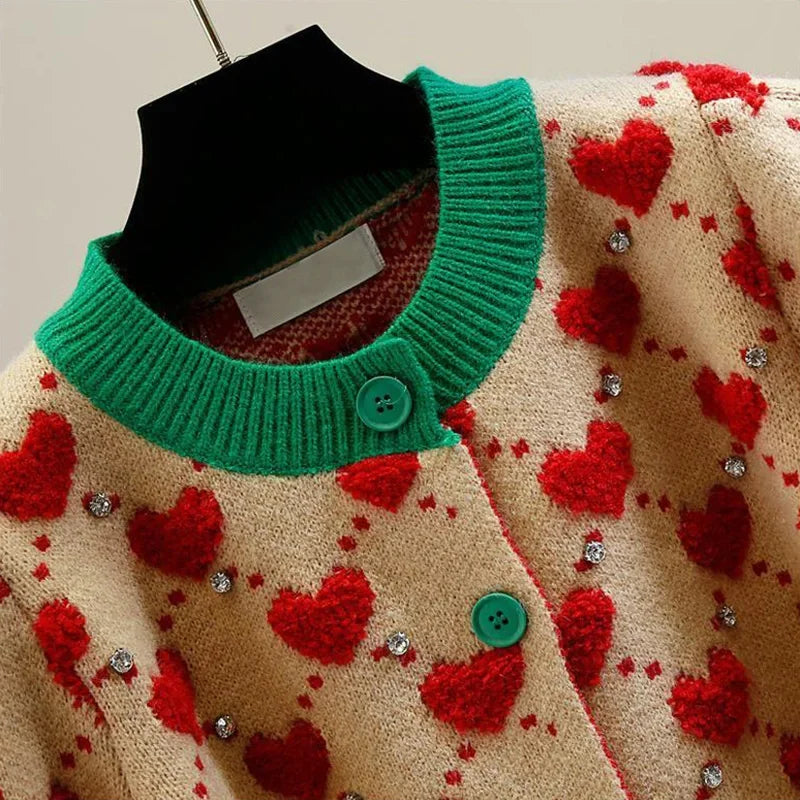 Heart Plaid Viscose Wool Thick O-Neck Vintage Knitted Women's Cardigans Sweater Fashion Single Breasted Short Cardigan For Women