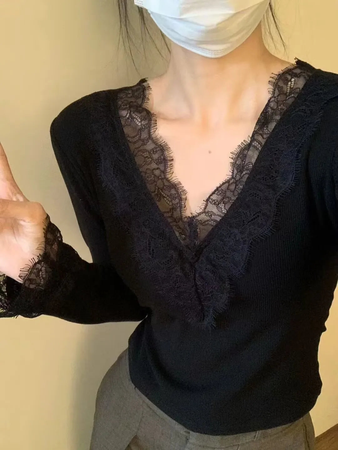Solid Lace Patchwork Long Sleeve T-shirt Sexy Slim Women Top 2026 Spring Summer New Fashion Korean Style Clothing