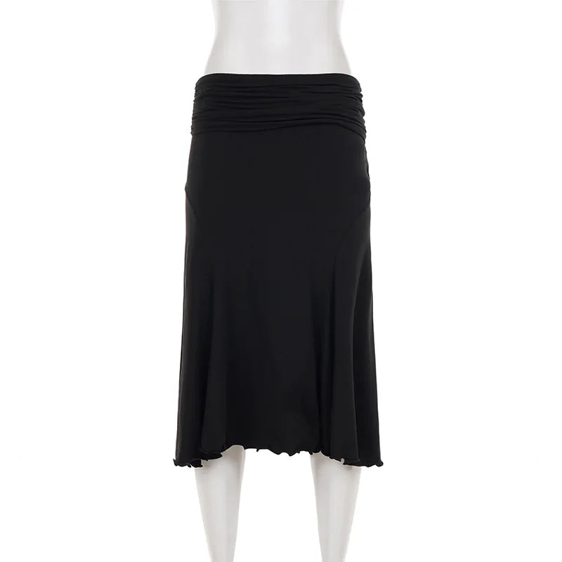 SUCHCUTE Basic Solid Folds Low-Waisted Midi Skirts Chic Black Slim Skirts  Lady Party Bottoms Summer All match Clothes Coquette