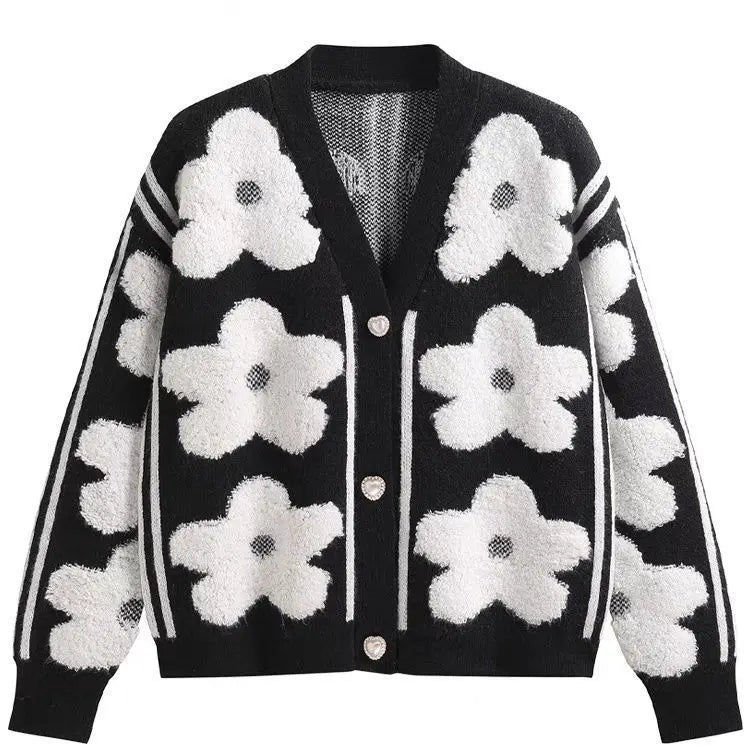 Flocked flower New  red knitted cardigan women's design  new high-end chic v-neck sweater coat  sweater mujer