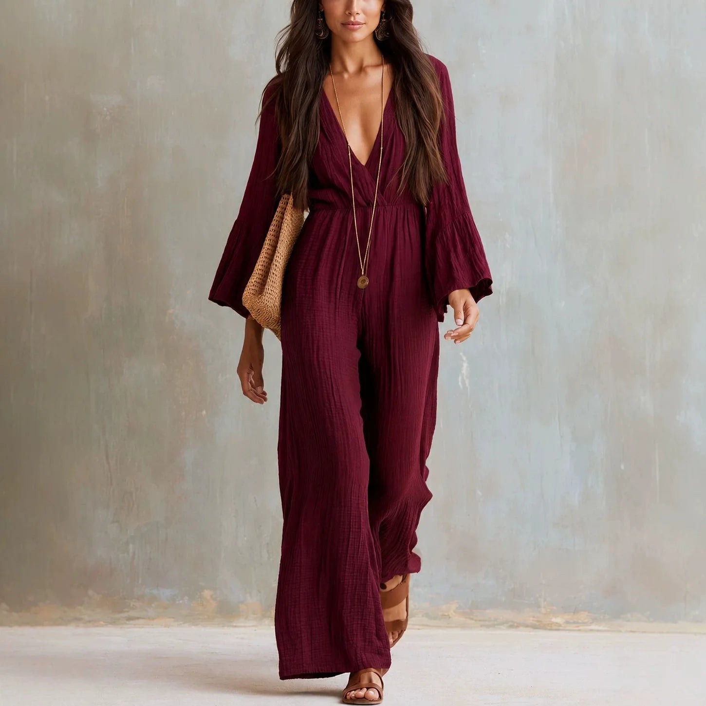 Elegant Solid Color Women's High Waisted Jumpsuit Bohemian Spring Autumn Fashion V-neck Wide Leg Jumpsuits Lady Office Clothing