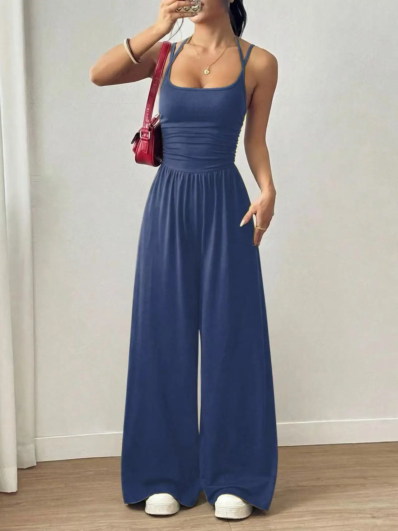 Women Halter Spaghetti Strap Jumpsuits Summer Casual Elastic High Waist Backless Wide Leg Long Pants Romper Club Party Overalls