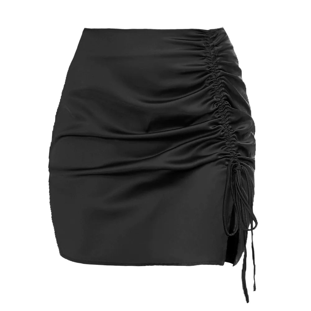 Elegant Stylish Solid Color Ruffle Bodycon Skirt Sexy High Waist Zip Satin Midi Skirt Women Sexy Bodycon Mini Short Skirt