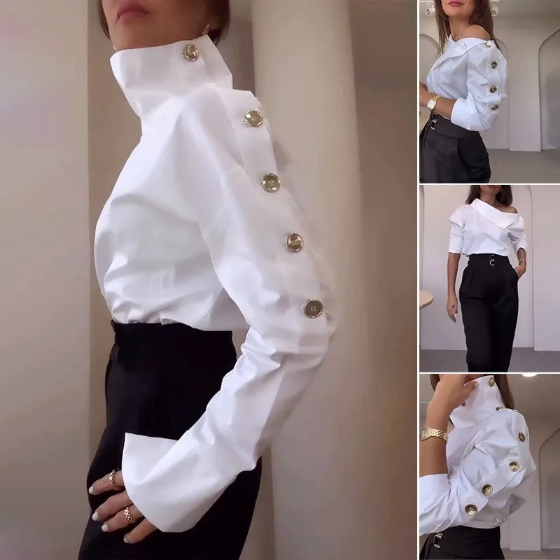 Fashionable And Elegant Women's Pullover Shirt Casual Office Turtleneck Metal Button Slim Body 2025 Spring And Autumn New Style