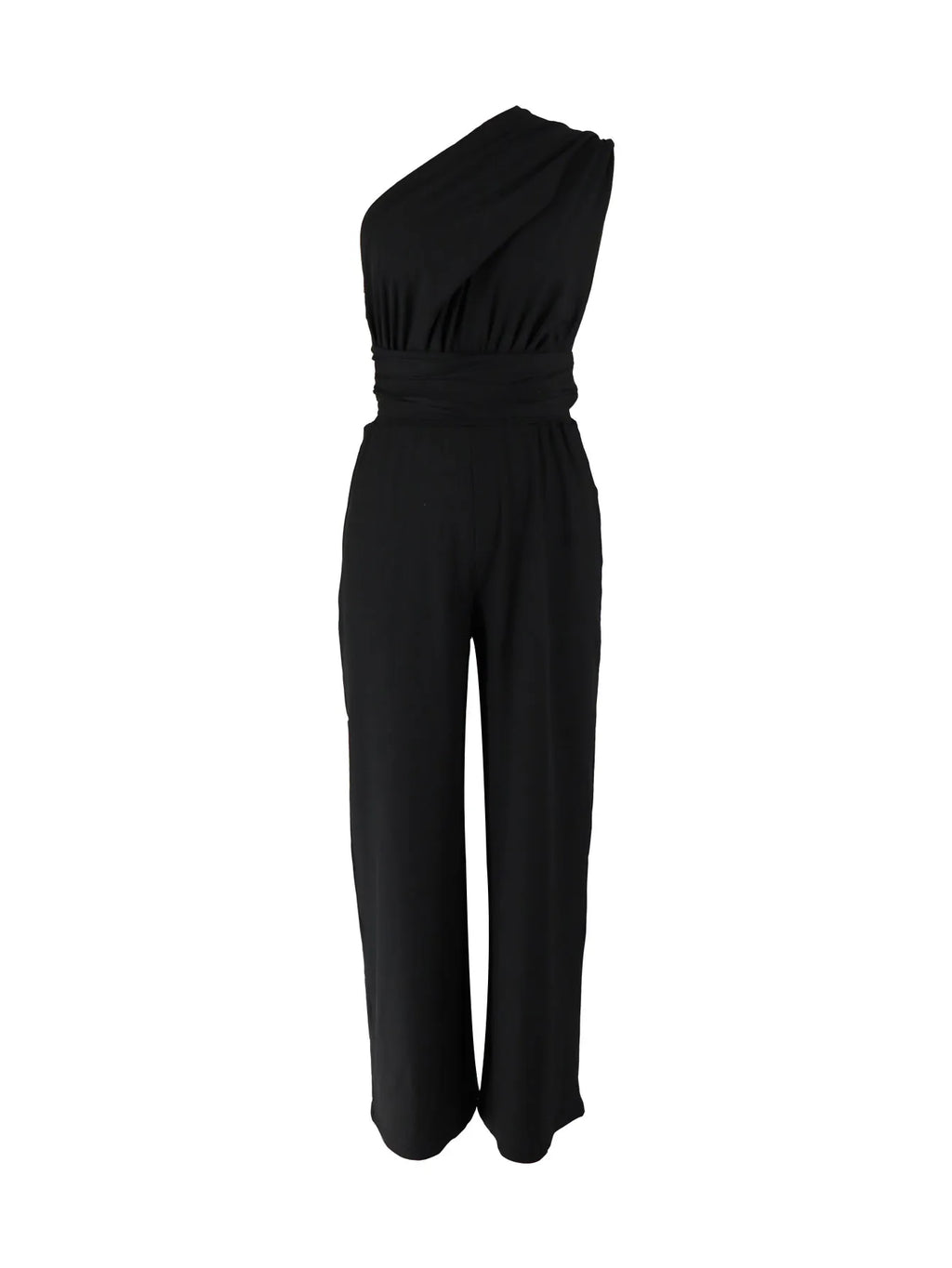 Women's Black Jumpsuit, Deep V Cross Neck, Tie Waist Straight Leg Pants, Elegant Daily Streetwear