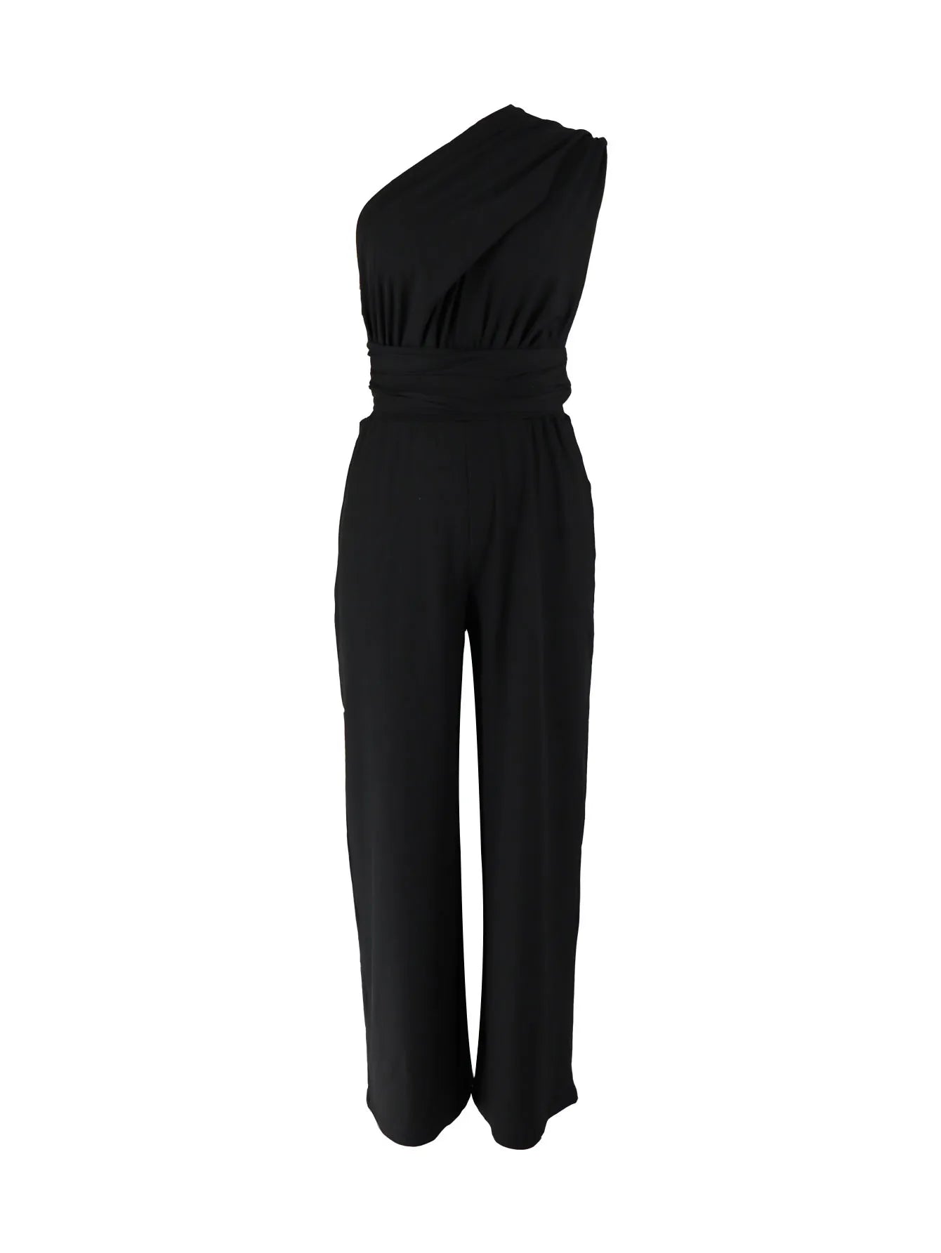 Women's Black Jumpsuit, Deep V Cross Neck, Tie Waist Straight Leg Pants, Elegant Daily Streetwear