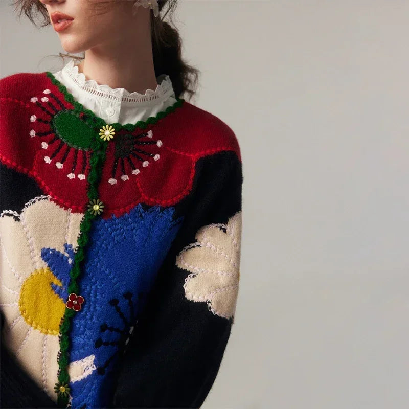 Vintage Flower Embroidery Knitted Top High Quality Women Fashion Cardigan Fashion Trends Autumn/Winter New in Chic Sweater Coat