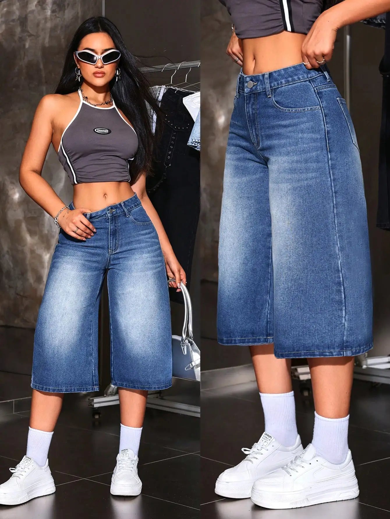 American Retro Hot Girl Style Distressed Fleece Hem Jeans Mid-Thigh Pants, Must-Have Streetwear, High Waist Loose-Fitting Casual