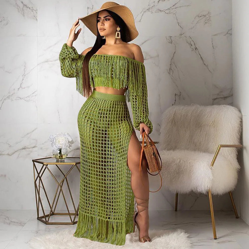 Skirt 2 Piece Set Women Beach Long Skirts Suit Top Off Shoulder Tassels Sexy Hollow Out Ensemble 2026 Summer Female Outfits