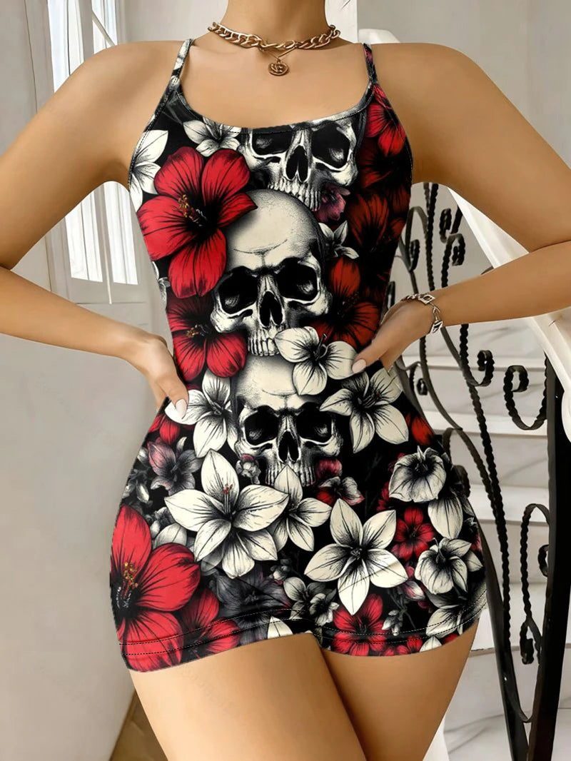 Retro Floral Skull Slimming Jumpsuit Street Style Elastic Fit Tight Suspender Design Contrasting Colors