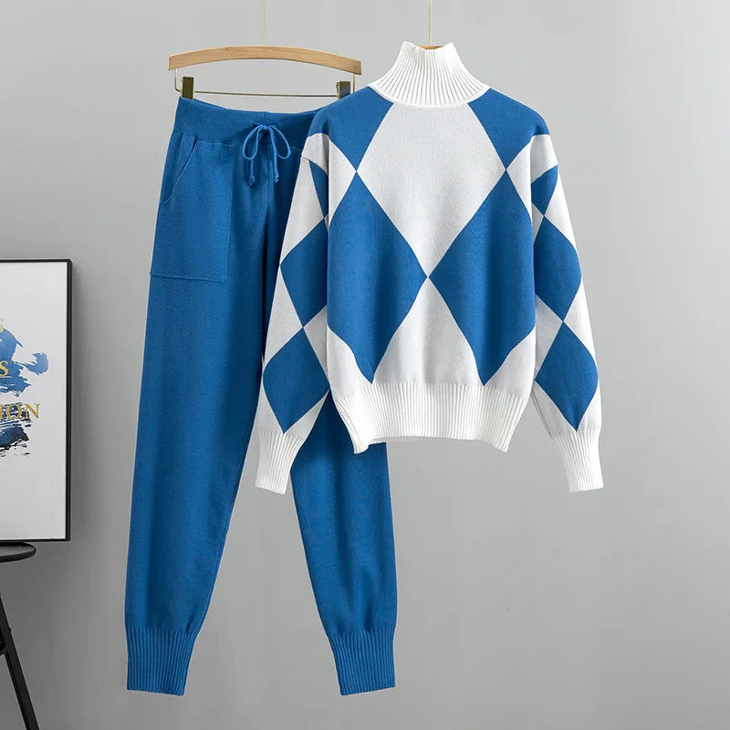 Women's Fashion Knitted Checkered Turtleneck Sweater 2 Piece Autum Winter Casual Lace Up Pocket Knitted Pants Sports Female Suit